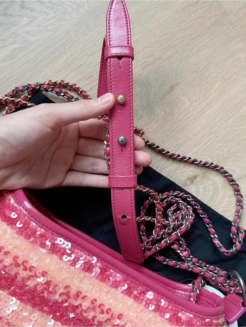 New-like CHANEL Sequin Calfskin Small Gabrielle Hobo Pink